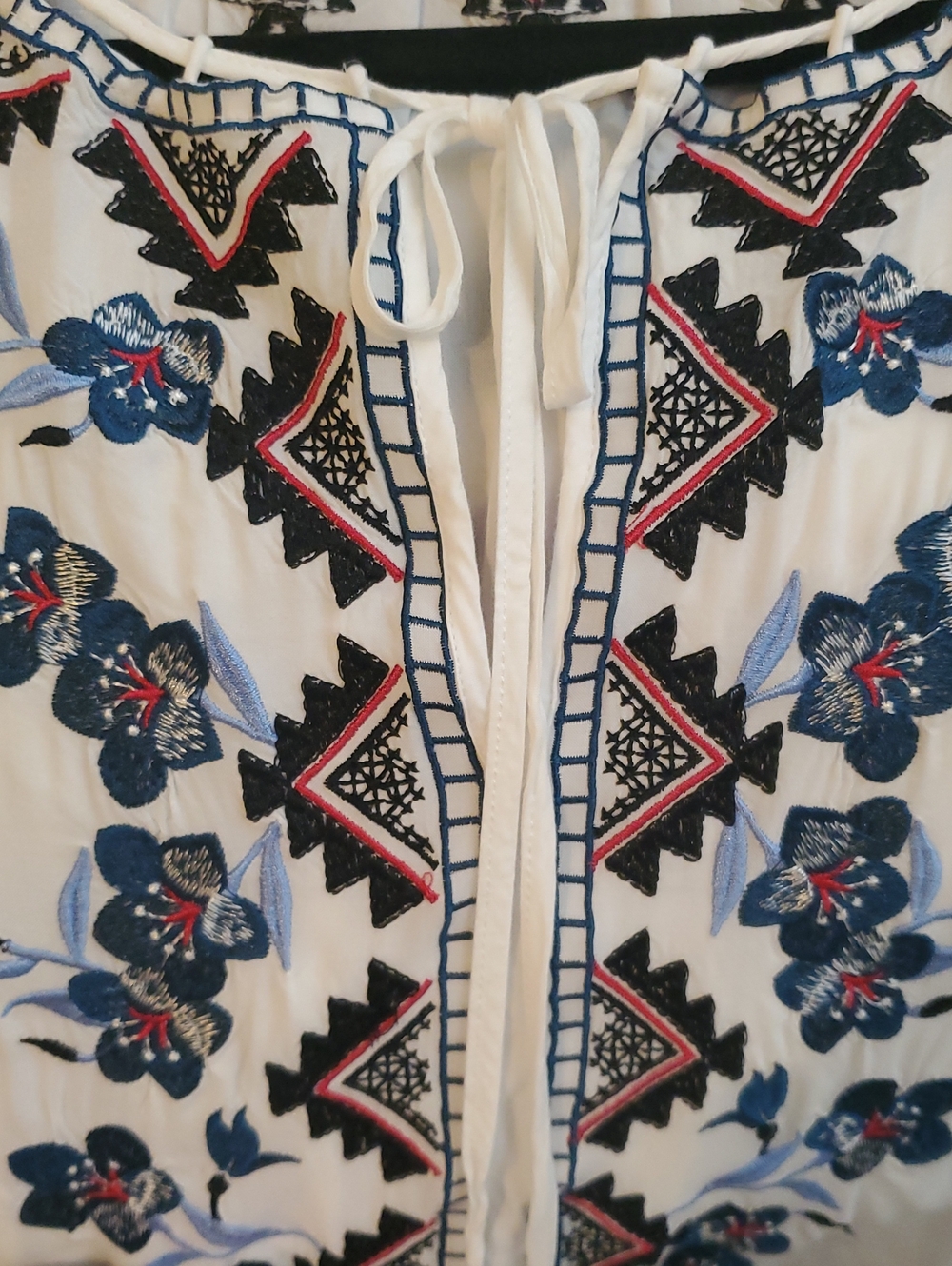 Parker White Boho Tunic with Blue and Black Floral Embroidery